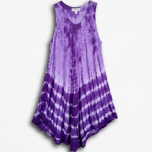 Ingear Resort Purple Tie Dye Handkerchief Hem Dress Sleeveless Embroidered OS